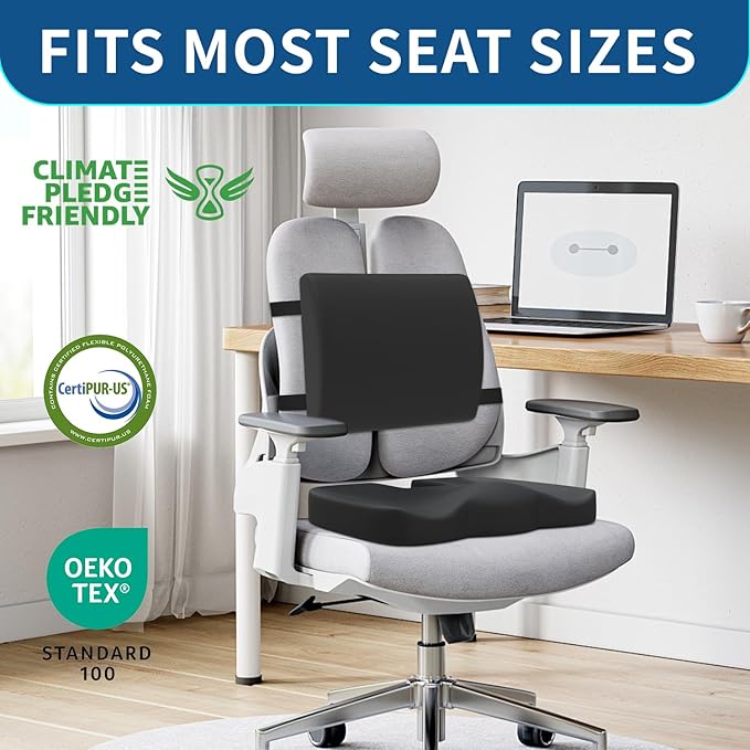 Memory Foam Seat Cushion & Lumbar Support Pillow for Office Chair Car Wheelchair Orthopedic Chair Pad and Back Cushion with Adjustable Straps for Lower Back, Tailbone, Sciatica, Hip Pain Relief