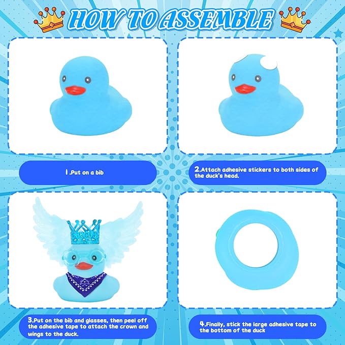 BOZILY Blue Angel Rubber Ducky Car Dashboard Decor - Squishy Rubber Duck with Blue Crown, Sunglasses, Scarf & Wing, Stress Relief Car Accessory for Adults, Includes Adhesive Stickers