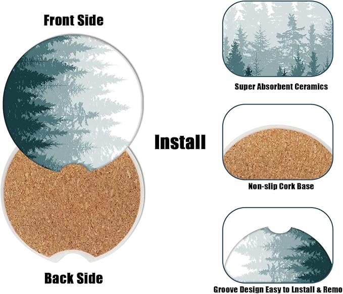 Car Cup Holder Coaster - Misty Forest Absorbent Ceramic Coaster, Car Coasters for Cup Holders, Auto Accessories for Women & Men, Pack of 2