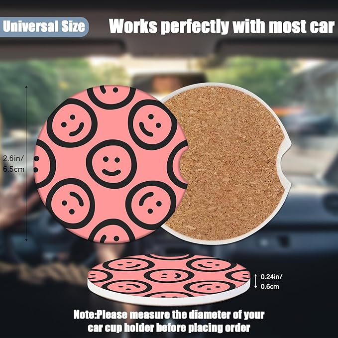 Car Cup Holder Coaster - Smiley Face Absorbent Ceramic Coaster 2 Pack, Car Coasters for Cup Holders, Fashion Car Interior Accessories Drink Coaster for Women & Men