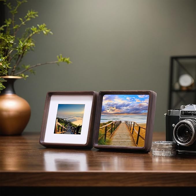 HELPLEX 6x6 Matted to 4x4 Square Picture Frame Set of 2 - Natural Walnut Wood with HD Tempered Glass, Convertible Design for Wall or Tabletop Display - Art Gallery & Luxury Home Office Decor
