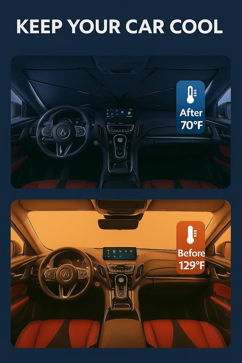 Proadsy Windshield Sun Shade Umbrella for Acura RDX 2019-2025 2026 Foldable Car Umbrella Sunshade with Soft TPU Handle Spring Structure Crystal Cooling Material Protect Car from Rays & Heat