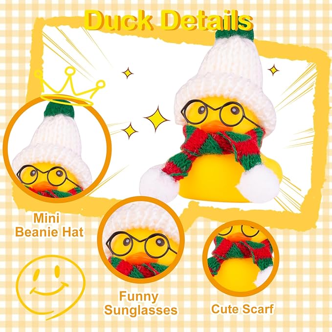 Christmas Rubber Ducks Toys Car Ornaments Yellow Duck Car Dashboard Decorations with Mini Beanie Hat Scarf and Sunglasses for Winner Home Christmas Decor, 2 Inches(E1)