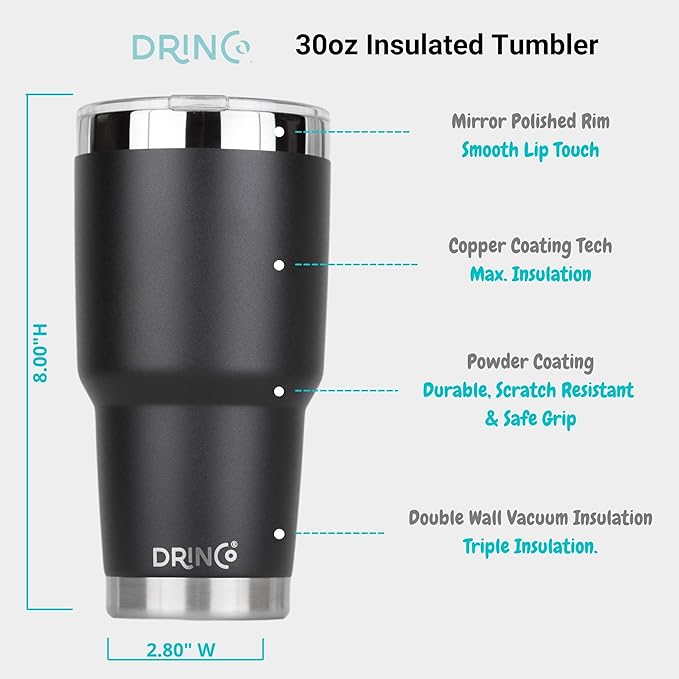 Drinco - 30 oz Stainless Steel Tumbler | Double Walled Vacuum Insulated Mug With Lid, 2 Straws, For Hot & Cold Drinks (30oz, 30oz Black), 1 Count (Pack of 1)