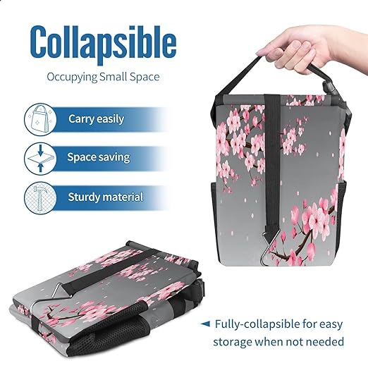 Car Trash Can Pink Cherry Blossom Wate-rproof Auto Garbage Bag Car Trash Can with Lid Leak-Proof Car Storage Bag Hanging for Headrest Collapsible and Portable with Storage Mesh Pocket