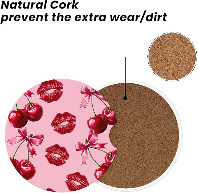 ABLESKY Car Coasters for Cup Holders, 2 Pack Absorbent Anti Slip Car Cup Holder Coasters, 2.56 Inch Ceramic Universal Size Auto Interior Accessories Women Men-Cherry Pink Bow with Red Lips