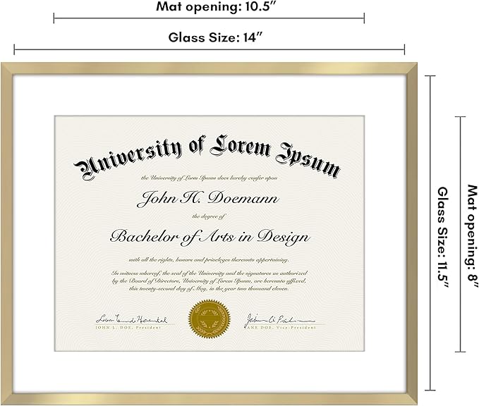 Americanflat 11.5x14 Diploma Frame with Shatter-Resistant Glass - Use as 8.5x11 Frame with Mat or Display 11.5x14 Document Without Mat - Legacy Collection - Certificate Frames for Wall - Gold