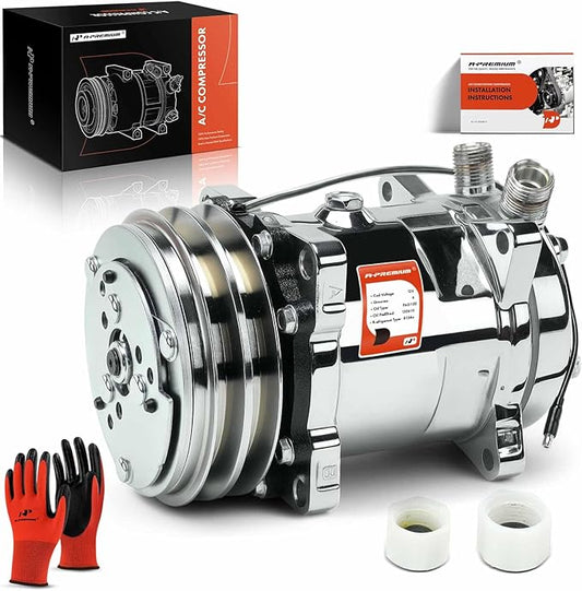 A-Premium Fit for Sanden 508 2PK Style, Universal A/C Compressor with Clutch, 2 Groove V-Belt, Chrome Plated Aluminum Housing