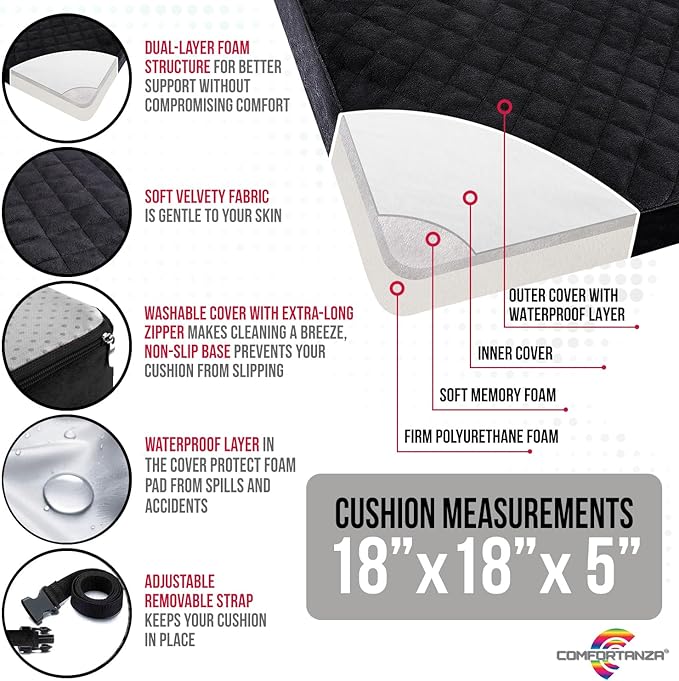 Booster Cushion for Adults - 18x18x5 Medium-Firm Seat Cushion for Home, Office, Wheelchair, Car - Washable Velvety Cover with Waterproof Layer, Removable Strap & Non-Slip Base - Black