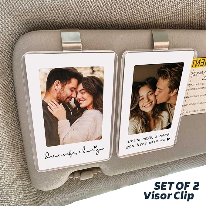 2 x Personalized Car Visor Photo Frame with Clip – 2 Acrylic Frames, 5 Interchangeable Mats – No Adhesive Design, Heat-Resistant Keepsake for Car, Valentine’s, Couple Anniversary, Wedding Gift for Him or Her