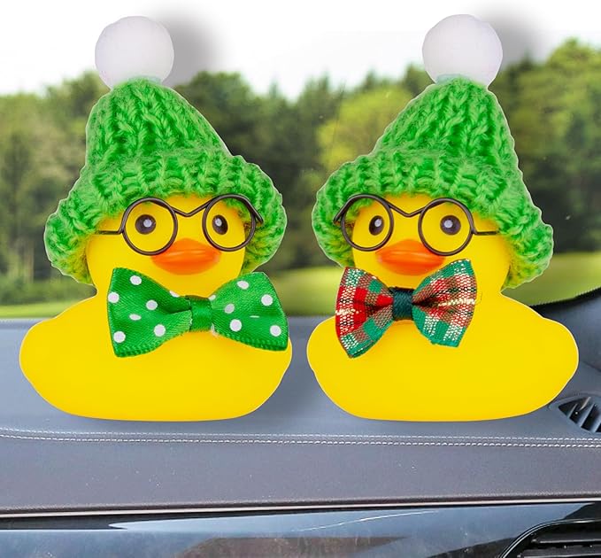 Car Rubber Duck Ornament, Winter Duck Car Dashboard Decoration with Mini Beanie Hat Bow Tie and Glasses(C7)