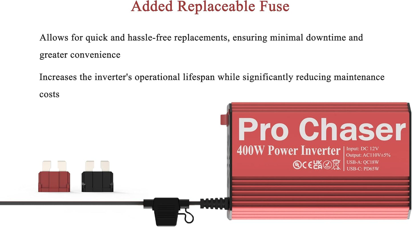 Pro Chaser 400W Vehicle Power Inverter - 12V DC to 110V AC Car Converter, Dual AC Outlets, USB-A QC 18W & USB-C PD 65W Ports, Road Trip Charging Companion with Replaceable in-Line Fuse