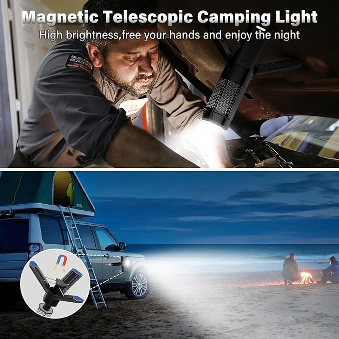 Telescopic Camping Light - 10500mAh Rechargeable Camping Lantern with Storage Bag, Portable Magnetic Camping Lamp, Waterproof Camp Light Outdoor Emergency Lights for Home Power Outage, Hiking -Black
