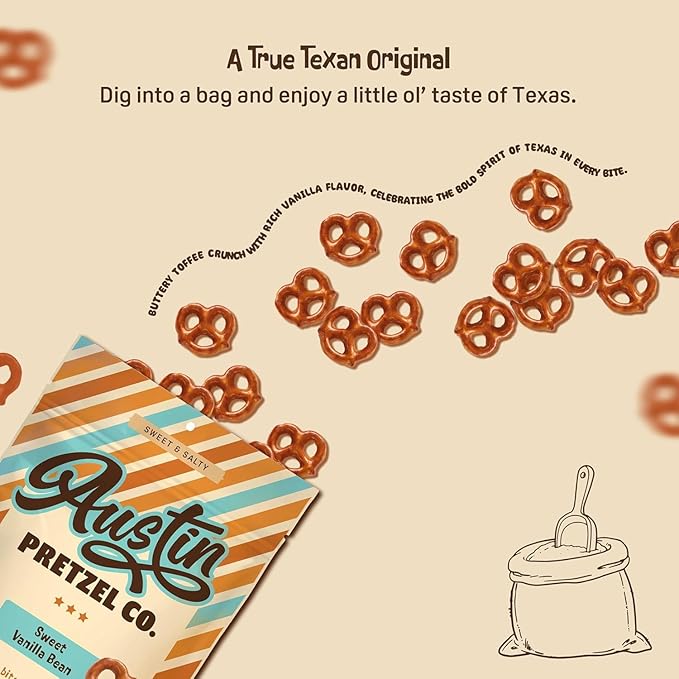 Vanilla Bean Flavor Pretzels – 4 Oz Gourmet Snack, Crunchy Bite-Sized Treats with Rich Butter Toffee Coating – Perfect for Sharing & Indulging (Pack of 12)