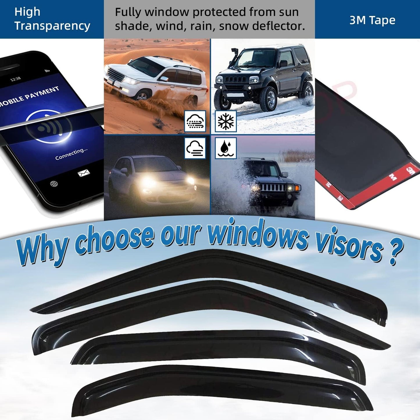 Set of 4 Front+Rear Smoke Sun/Rain Guard Outside Mount Tape-On Acrylic Window Visors Compatible with 00-04 Xterra