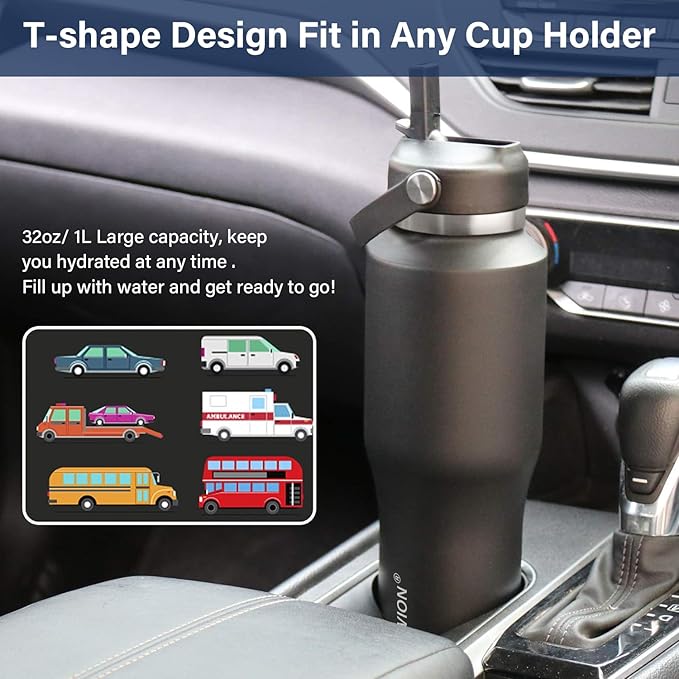 HYDROWION Water Bottle Stainless Steel,Vacuum Insulated Leak Proof Tumbler 32oz with Straw Lid, Spout Lid and Flex Cap(Cold for 48 Hrs, Hot for 24 Hrs), Fit in Any Car Cup Holder, Mint - Black