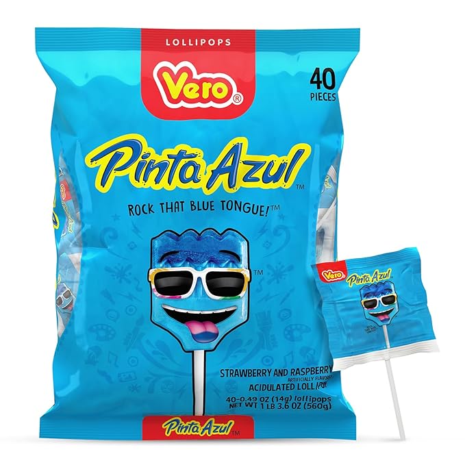 Vero Pintazul Lollipops - Individually Wrapped Mexican Candy That Colors Your Tongue Blue - Strawberry and Raspberry Flavor - 40 Pack (19.75 oz)