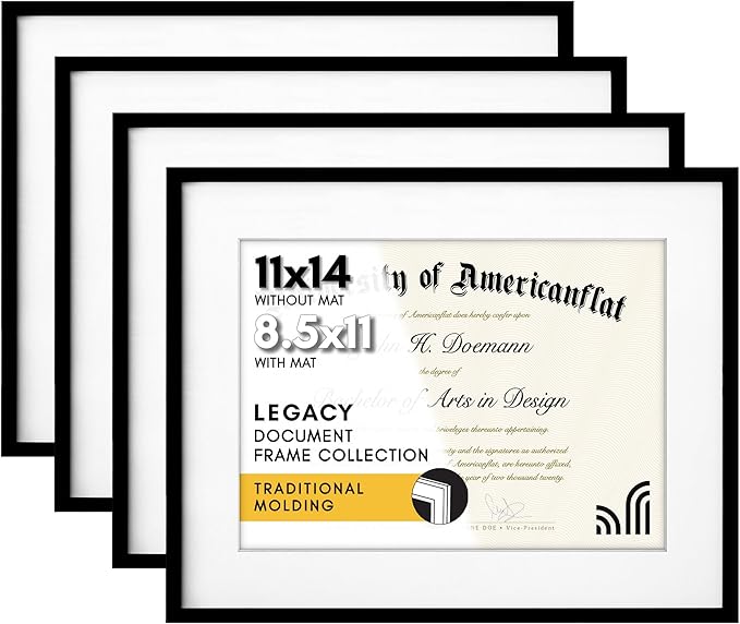 Americanflat 11x14 Diploma Frame with Shatter-Resistant Glass - Set of 4 - Use as 8.5x11 Frame with Mat or Display 11x14 Document Without Mat - Legacy Collection - Certificate Frames for Wall - Black