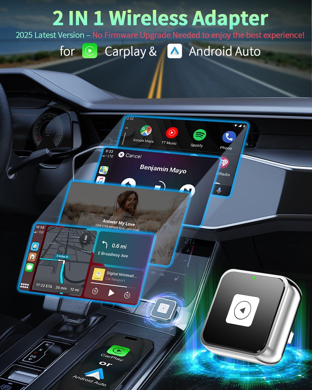 Wireless CarPlay & Android Auto Adapter 1-Inch (2.54cm) - Discreet Plug & Play, Stable 5G Connection for Music/Navigation, Works with iPhone iOS 10+ & Android 11+,for 98% of Cars (2016-2025) (Silver)