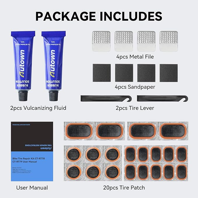 AUTOWN Bike Tire Repair Kit, 32PCS Bicycle Inner Tube Patch Kit with Patches, Tire Levers, Rubber Repair Sealants and Portable Case for Bikes, Motorcycles & Inflatable Tubes