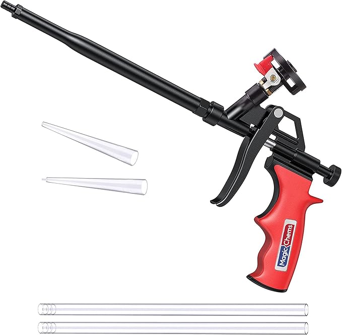 Spray Foam Gun Insulation (1 Insulation Foam Gun / 4 Nozzle) Insulating Applicator, Professional Expanding Foams Guns, for Dispensing, Caulking, Filling, Sealing, Red - 1 Pack
