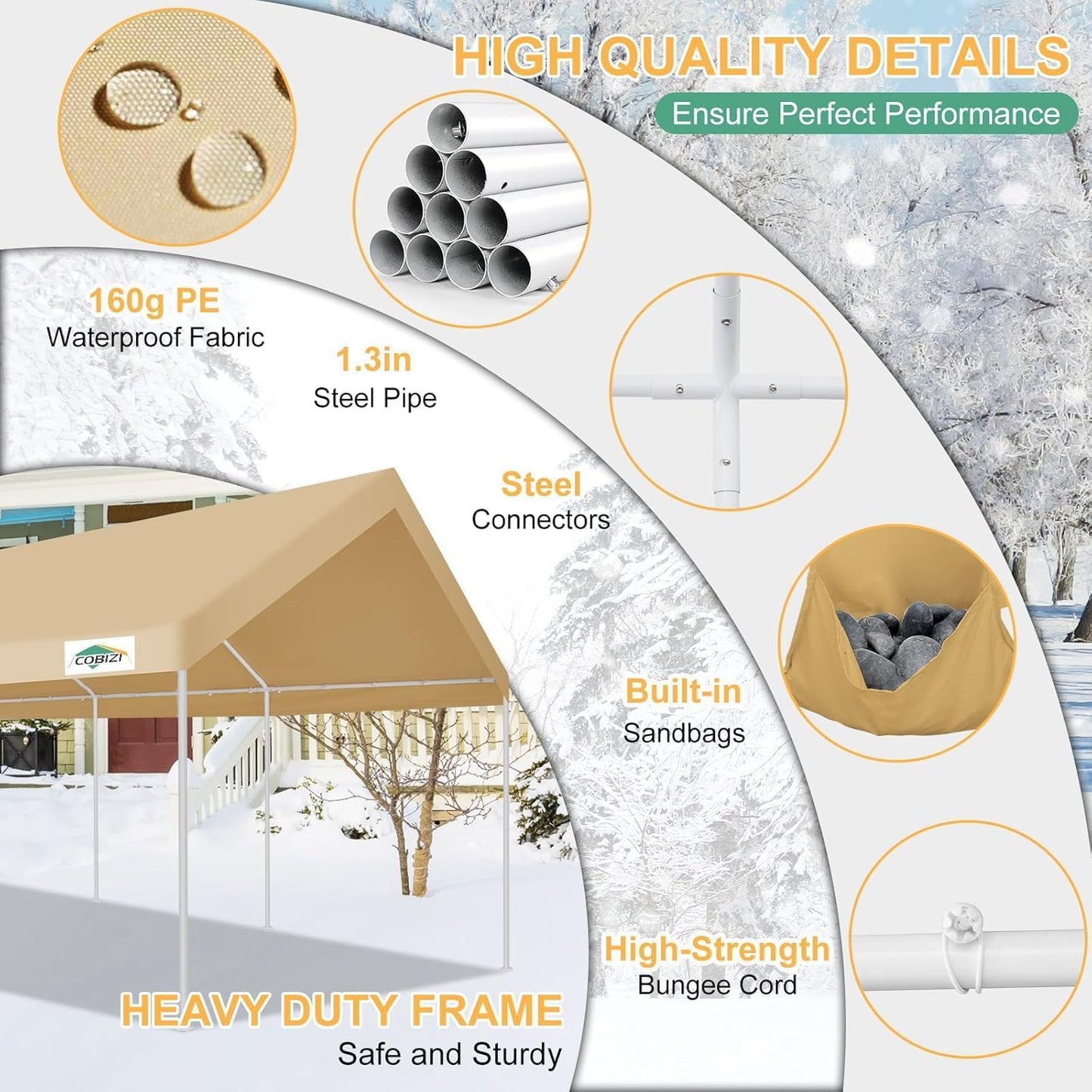 COBIZI 12x20ft Carport Heavy Duty, Portable Car Garage Outdoor Party Tent with Built-in Sandbags, Waterproof Car Canopy for Truck, Boat, SUV with All-Season Tarp, Khaki