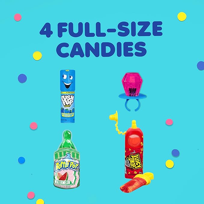 Assorted Candy Variety Pack 4 Count Lollipops - Ring Pop, Push Pop, Baby Bottle Pop & Juicy Drop - Ideal for Kids Party Favors, Party Favor Bags by Bazooka Brands