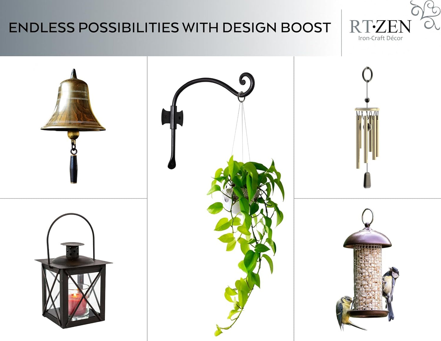 RTZEN Plant Hangers Outdoor or Indoor - Wrought Iron Metal Hanger Indoor Hook - Heavy Duty Wall Bracket Hooks for Hanging Plants Baskets Lanterns Wind Chimes - 2 Pack (Black Axe-Shape Hooks)