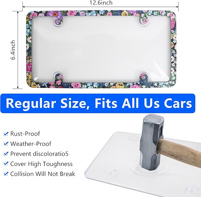 2pcs License Plate Protector Unbreakable License Plate Frames and Covers Set Front and Rear Clear License Plate Cover Beautiful Flowers License Plate Frames Fits Standard Us Plates with Screws Caps
