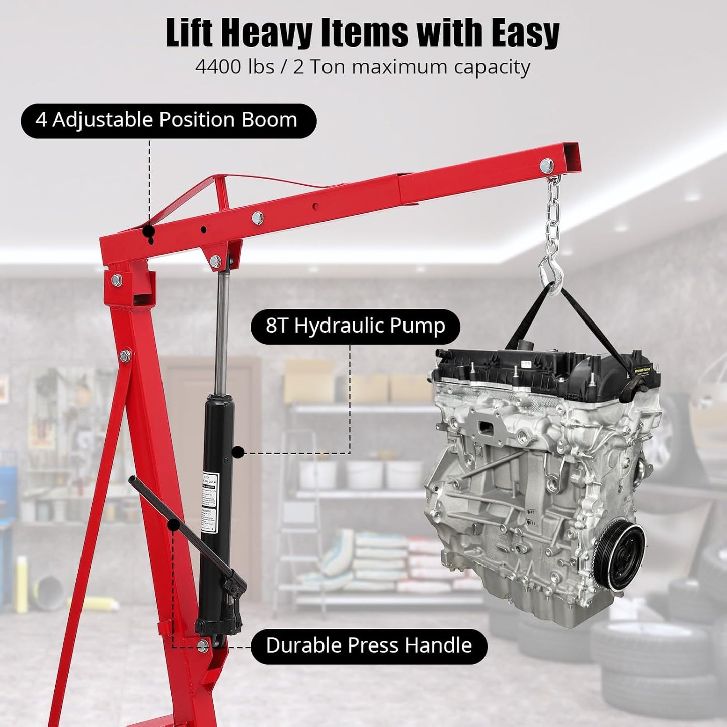 Engine Hoist 2 Ton,Cherry Picker Engine Hoist,Folding Hydraulic Tilting Engine Lift with 360 Degree Swivel Wheels for Ports, Warehouses, Garage, Factory