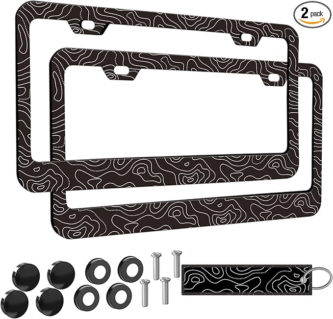 2pcs Topography Map License Plate Frame for Women Men, Discovery car Decorative tag Frames Girly, Topographic License Plate Cover Holder for Vehicle with Double Sided car Keychain tag