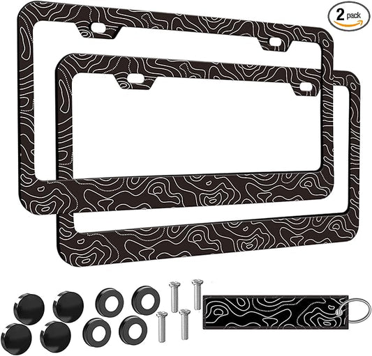 2pcs Topography Map License Plate Frame for Women Men, Discovery car Decorative tag Frames Girly, Topographic License Plate Cover Holder for Vehicle with Double Sided car Keychain tag