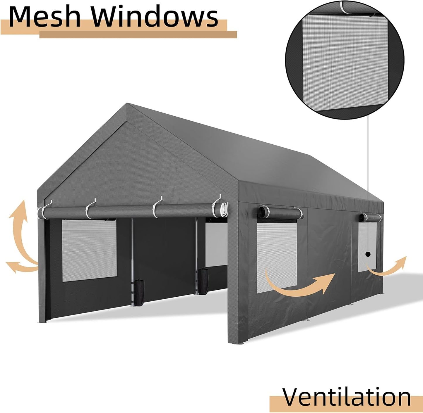 JY QAQA Carport, 12x20 FT Heavy Duty Carport with Removable Side Walls and Doors, Portable Garage with Roll-Up Window and Sandbags, Car Canopy with All-Season Tarp for Cars, Trucks, Boats, Grey