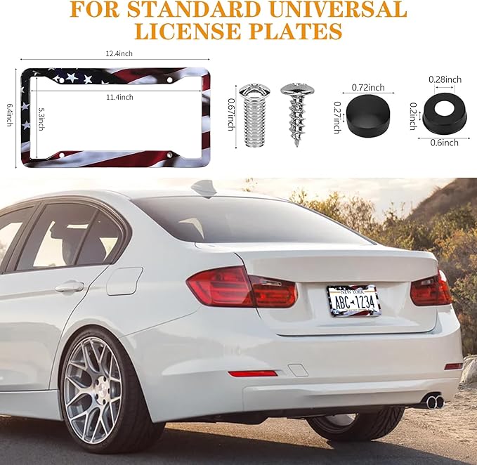 American Flag License Plate Frames - 2 Pack Front Rear Patriotic Matte Gloss Stars Stripe US Flag Stainless Steel Car Tag Frame Holder Covers with 4 Fluttering Flag Valve Stem Caps, Screws Fasteners