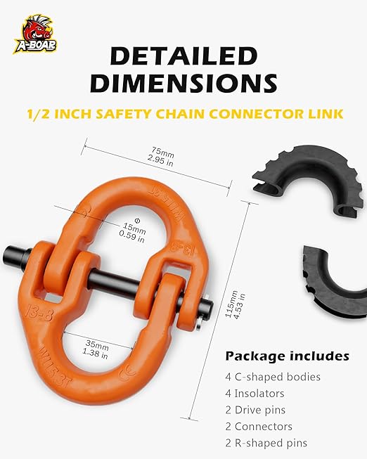 1/2 Safety Chain Connector Link, 2pack Hammerlock Coupling Link for Trailer Chains Connect, Drop Forged Steel Tow Hitch Safety Chain Connector Link, Orange
