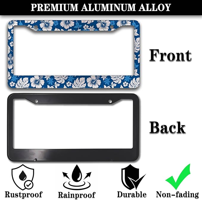 License Plate Protector White Purple License Plate Frames Hawaiian Hibiscus Aluminum Metal Car Accessory 2 Pack with Screw Covers Set