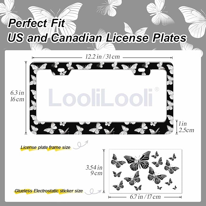 2pcs Monochrome Butterfly Mountain License Plate Frame for Women, Black White Butterflies Car Tag Frames Girly for Vehicle with Non Adhesive Electrostatic Sticker