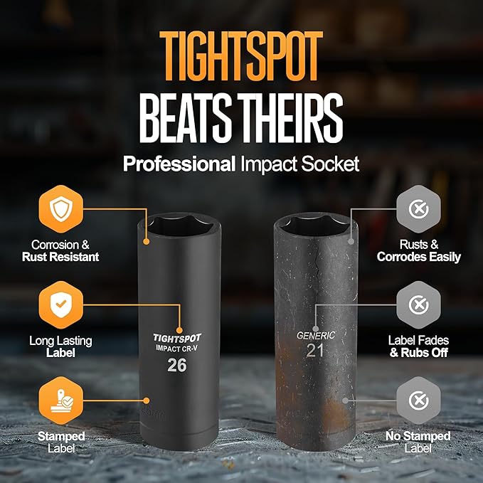 TIGHTSPOT 1/2 Inch Drive 26 mm Deep Impact Socket with Anti-Rounding 6 Point Design, Heat-Treated CRV Steel