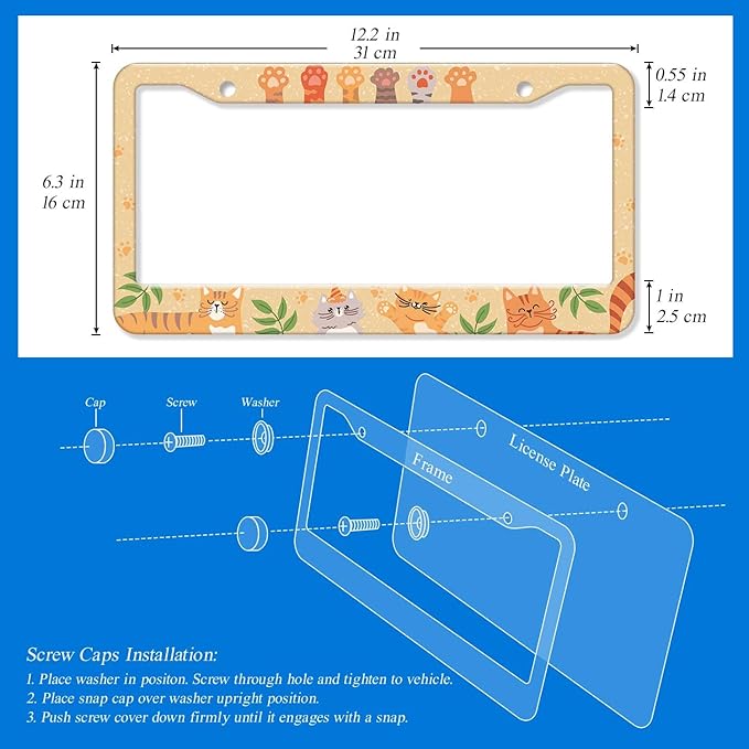 2PCS Yelloe Cat Pattern License Plate Frames for Men Women - Universal Aluminum Stainless Steel Kitten Personalized Car Tag Covers Holder with Screws, Caps, Rattle Proof Pads and Handlebar Stickers