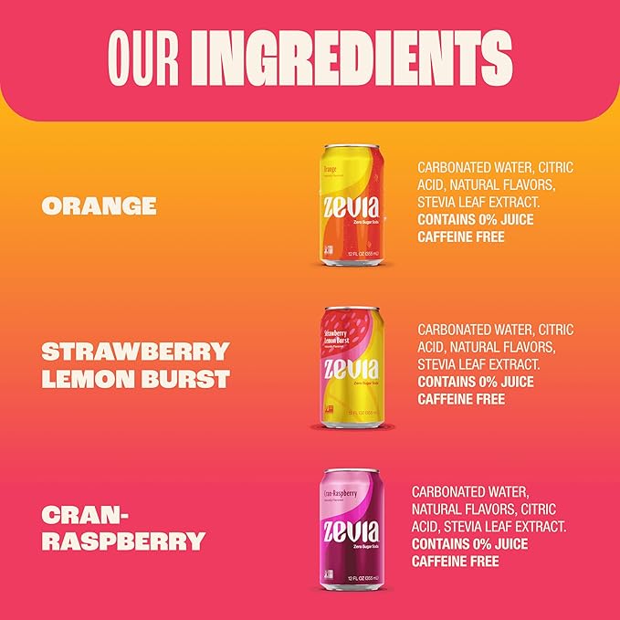 Zevia Zero Sugar Soda, Fruity Variety Pack, 12 oz Cans (24-Pack) – Naturally Sweetened, Zero Calorie Sugar Free Soda - Non-GMO Project Verified, Gluten-Free, Vegan