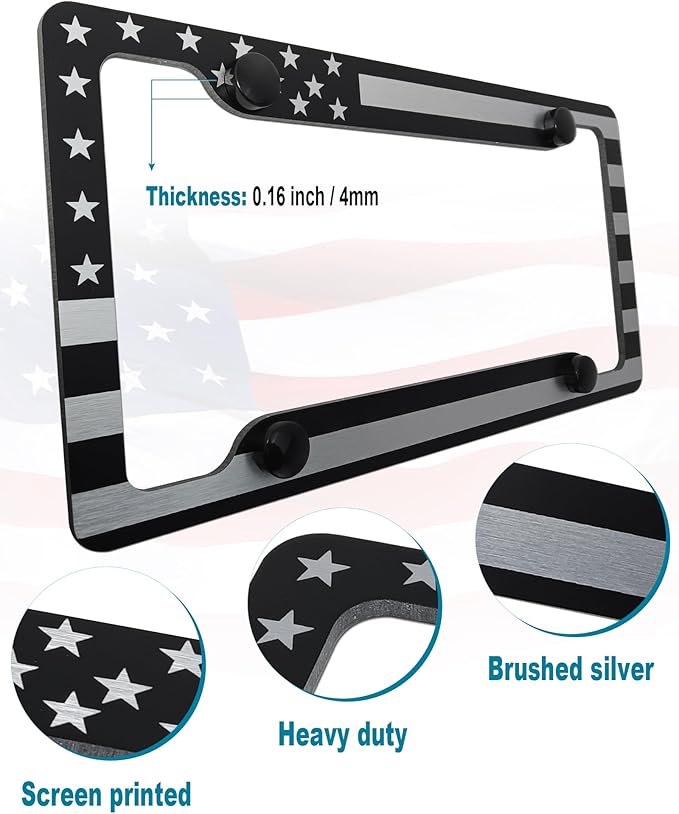 American Flag License Plate Frames- Heavy Duty Aluminum-Plastic Composite Patriotic Car Tag Holder with Mounting Hardware & Screws Caps (Black)，2 Pack for Front Rear