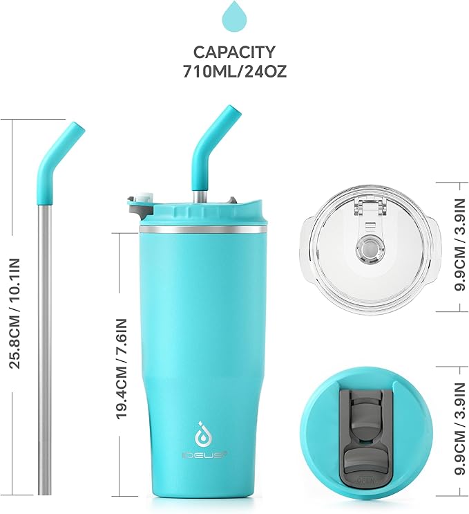 Ideus Insulated Tumbler with Lid and Straw 24 oz, Stainless Steel Double-Wall Vacuum Leak-Proof Travel Coffee Mug, Cup Holder Friendly, Sky Blue