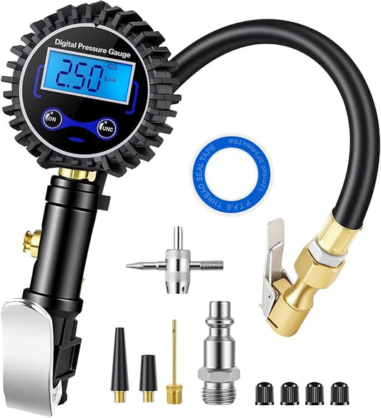 Digital Tire Pressure Gauge with Inflator, 250 PSI Heavy Duty Air Chuck & Compressor Accessories with Quick Connect Coupler and Rubber Hose for Cars, Inflatables