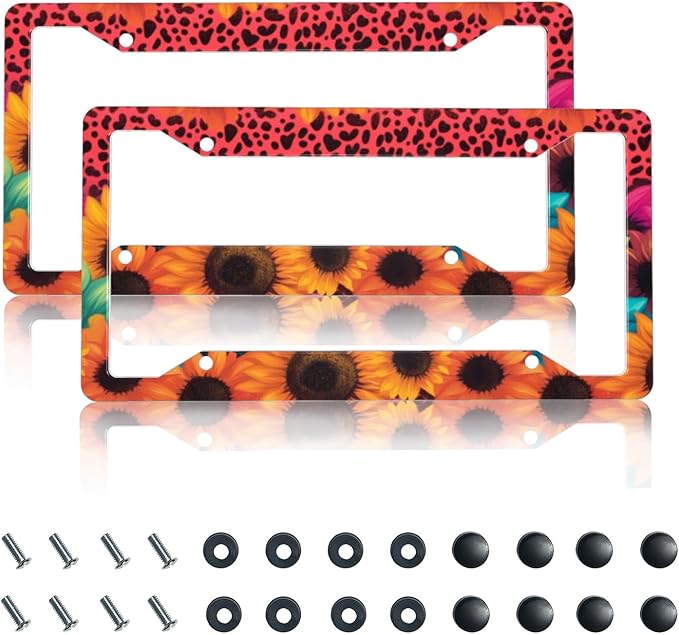 License Plate Frame 2 Pack Front Rear Aluminum Metal Rust-Proof Universal Car Tag Frames Holder with 4 Holes Car Decor Accessory with Screws for Men Women - Leopard Sunflower