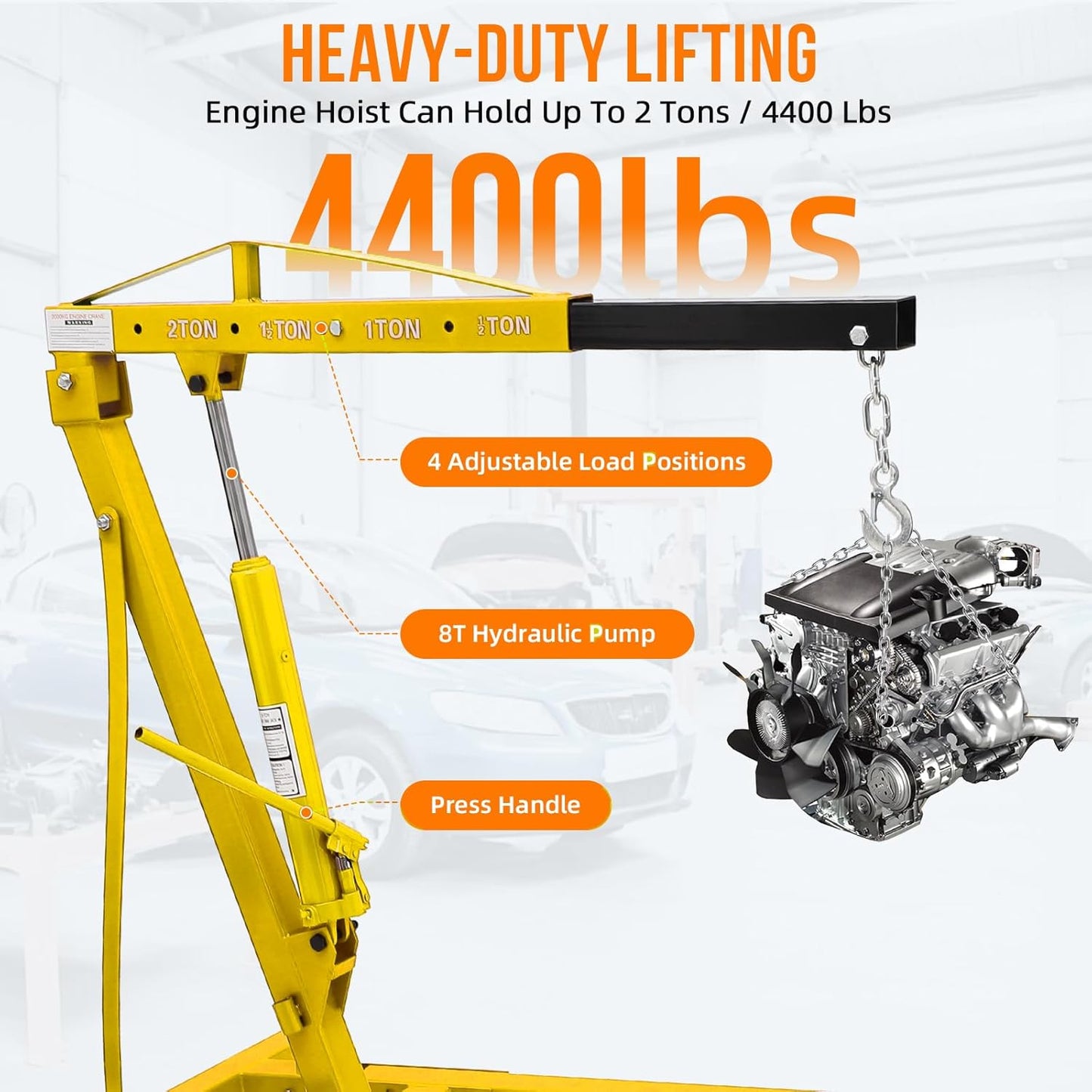 2 Ton Engine Hoist, 4000 Lbs Heavy Duty Folding Cherry Picker Engine Lift Hydraulic Tilting Engine Shop Crane with 6 Iron Caster Wheels Telescopic Boom Hitch,Yellow