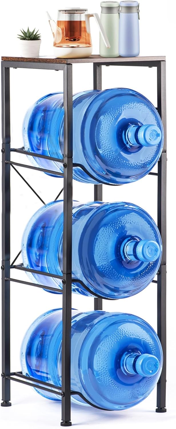 3-Tier 5 Gallon Water Bottle Holder, Heavy Duty Water Jug Rack with Wood Top Shelf, Water Dispenser Stand for Kitchen, Office, Garage