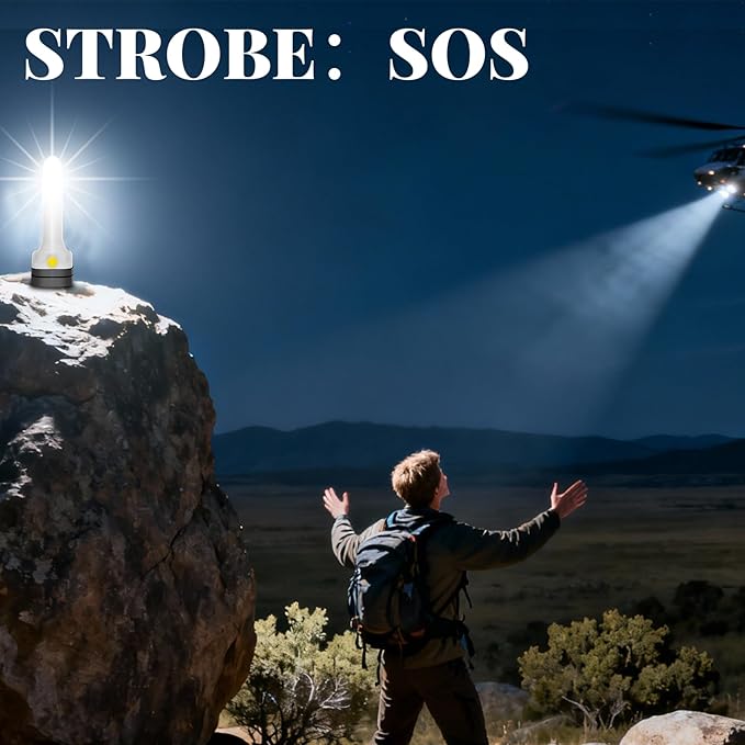 3-in-1 Flashlight: Front Beam, Standing Camp Lantern & Emergency Strobe – Simple Design, Easy for Seniors. Ideal for Camping, Home & Car Safety. USB-C Rechargeable & Lightweight.