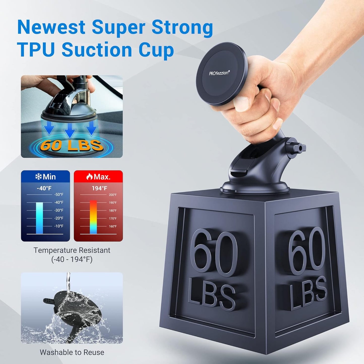 PROfezzion Suction Cup & Vent Clip Combo Magnetic Phone Holder Compatible with MagSafe on Car Dash, Windshield or Vent for iPhone 16 15 14 13 Pro Max Plus, Mag-Safe Case & All Phones [Telescopic Arm]