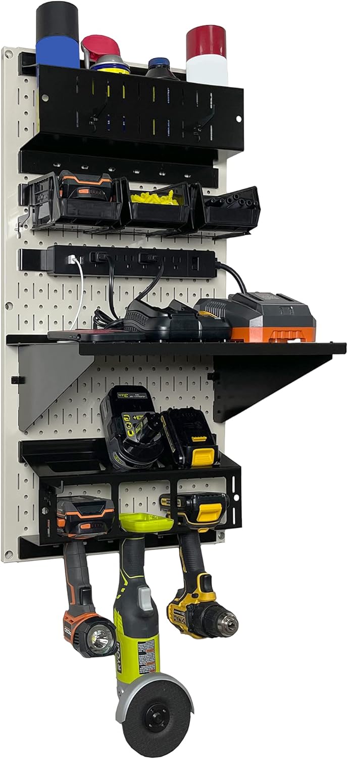 Wall Control Power Tool Storage Organizer Kit Cordless Drill Holder Charging Station Rack 16” x 32” Metal Pegboard Organization System (Beige Pegboard)