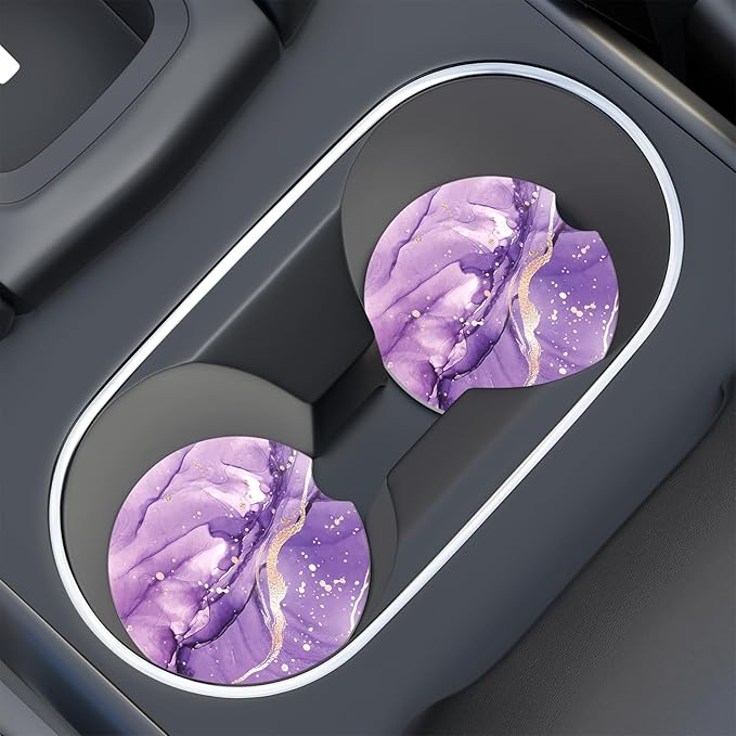 Car Cup Holder Coaster, Car Coasters for Cup Holders, 4 Pack Universal Anti Slip Insert Absorbent Ceramic Auto Interior Accessories with A Finger Notch & Cork Base, Purple Marble